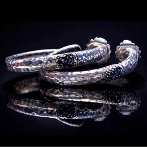 John Hardy Hammered Texture Black Sapphire and 925 Sterling Silver Hoop Earrings